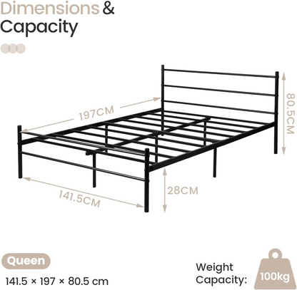 Cadre de Lit Double en Métal - 140x190 cm - Noir