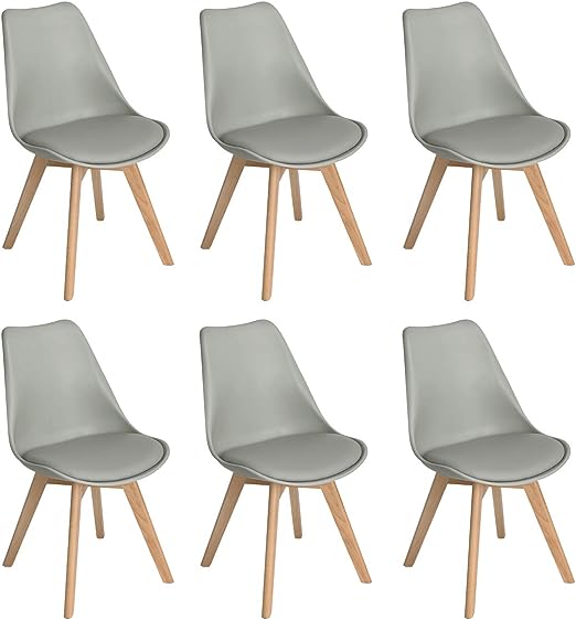 Lot de 6 Chaises design contemporain nordique scandinave -pieds en bois de hetre massif - Gris