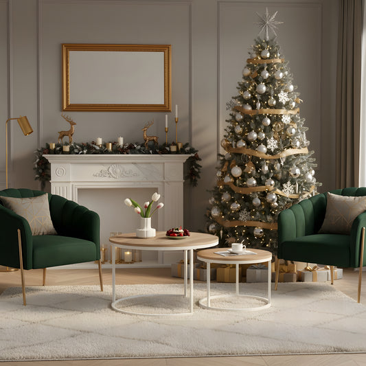 Lot de 2 Tables Basses Gigognes Rondes Style Scandinave - Table de Salon - 80 x 45 cm et 60 x 35 cm - Couleur Chêne