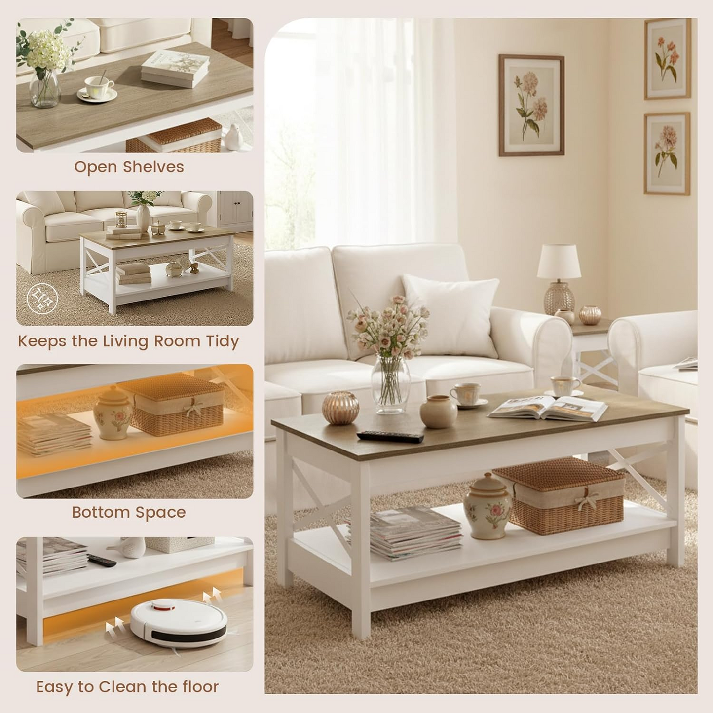 Table de salon, table basse style campagnard, table de salon avec espace de rangement, table basse vintage