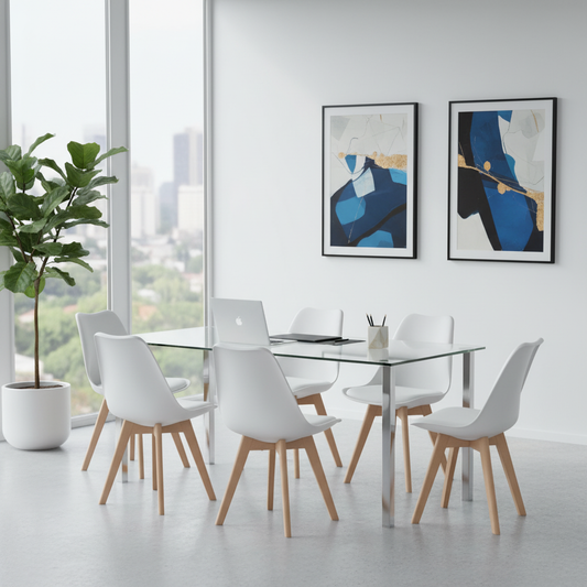 Lot de 6 Chaises design contemporain nordique scandinave - pieds en bois de hêtre massif - Blanc