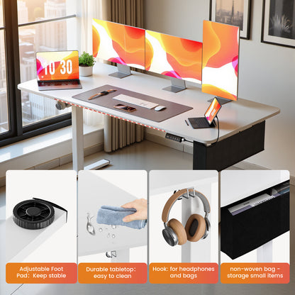 Bureau Reglable en Hauteur Electrique, Bureau Assis Debout Électrique, Bureau Debout avec Bande Lumineuse, Sac en Tissu et USB, 160 X 75 CM, Blanc