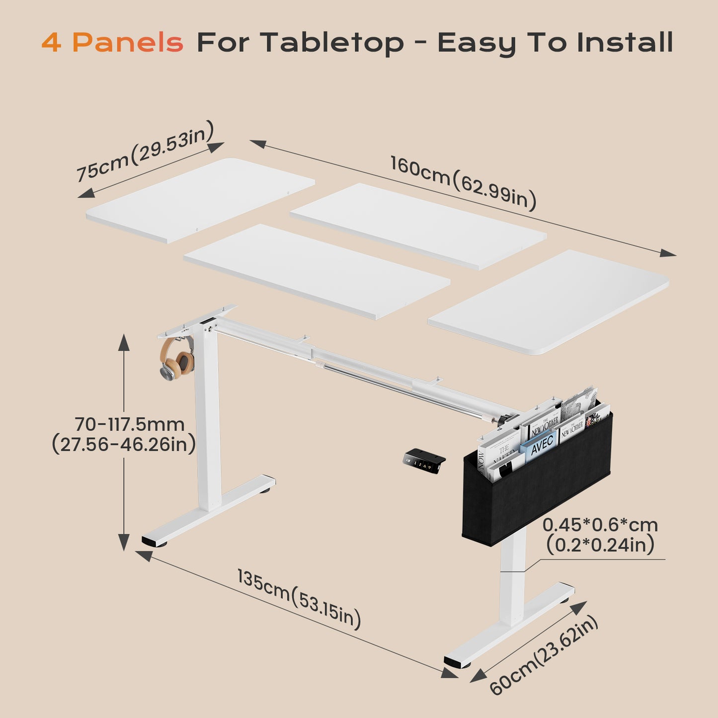 Bureau Reglable en Hauteur Electrique, Bureau Assis Debout Électrique, Bureau Debout avec Bande Lumineuse, Sac en Tissu et USB, 160 X 75 CM, Blanc