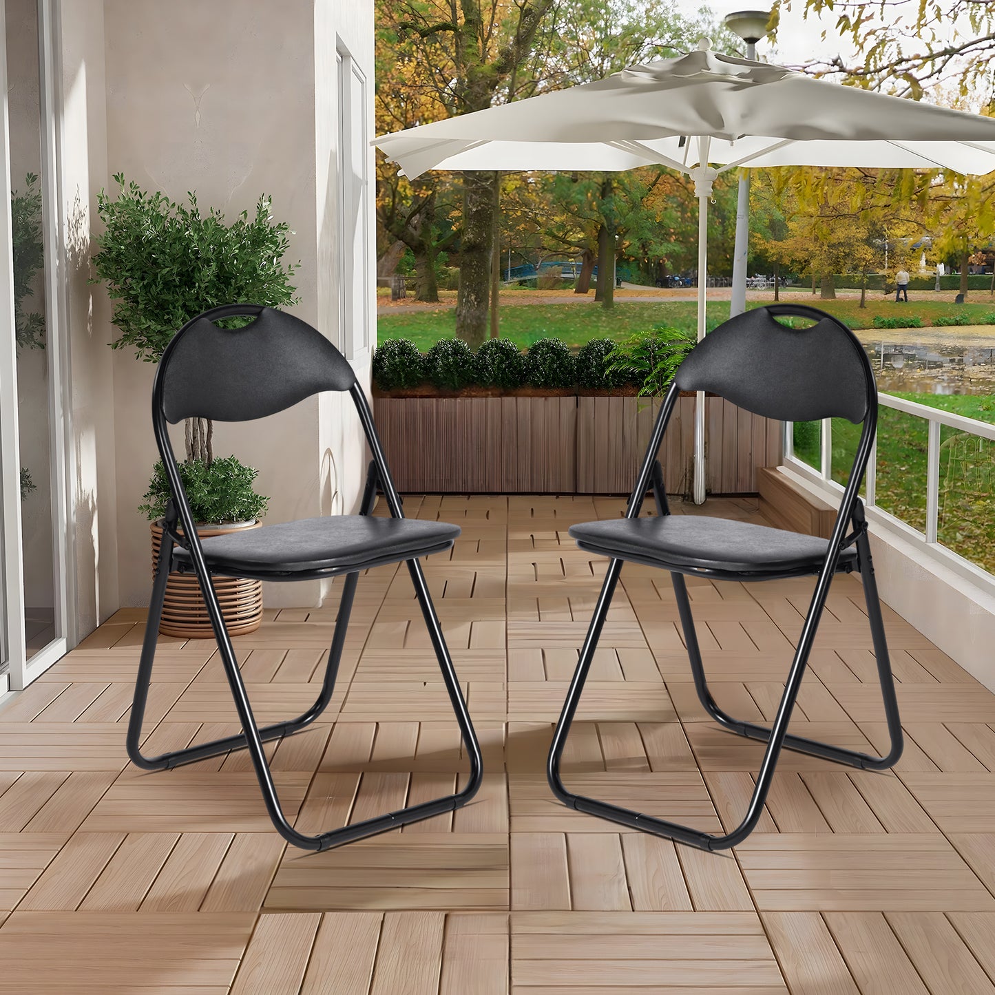 Lot de 2 Chaises Pliantes Noires en Coussin de siège en PU et pieds en métal Style Classique