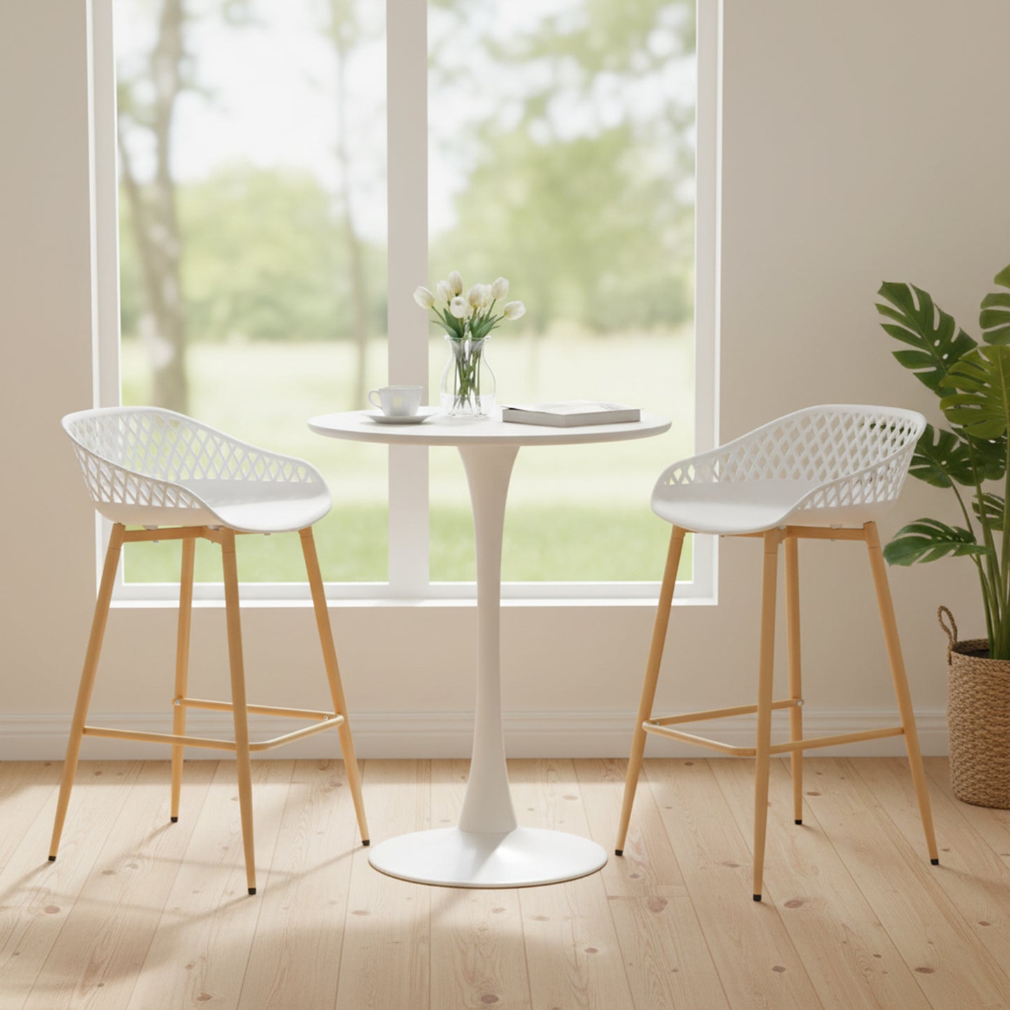 Lot de 4 Tabourets de Bar avec Dossier, Ergonomiques et Réglables en Hauteur pour Cuisine, Restaurant, Comptoir - Blanc