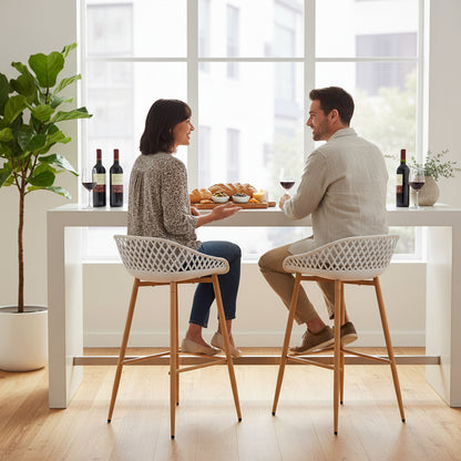 Lot de 4 Tabourets de Bar avec Dossier, Ergonomiques et Réglables en Hauteur pour Cuisine, Restaurant, Comptoir - Blanc