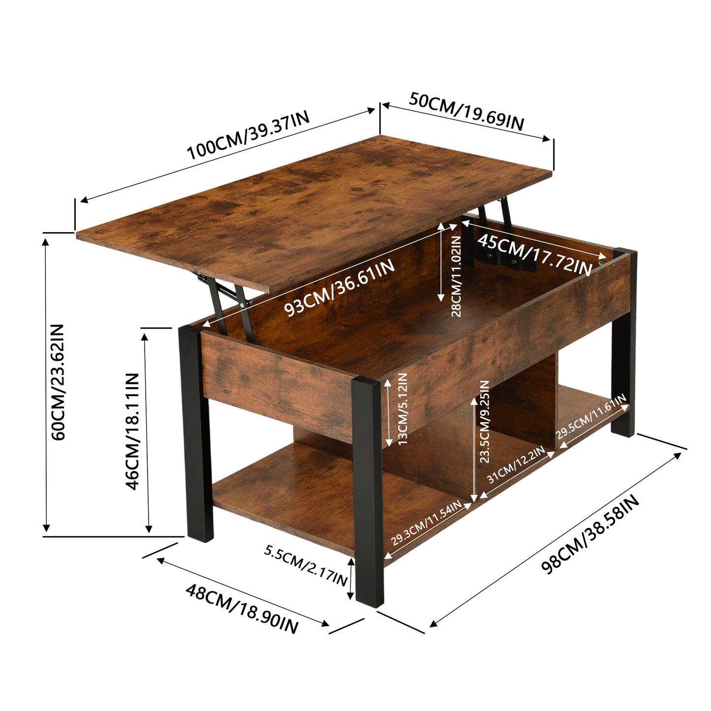 Table Basse, Table de Salon avec Plateau Relevable, avec Rangement Ouvert et Compartiment Caché, Barres en Forme de X, 48 x 100 x (46-60) cm, Marron Rustique et Noir