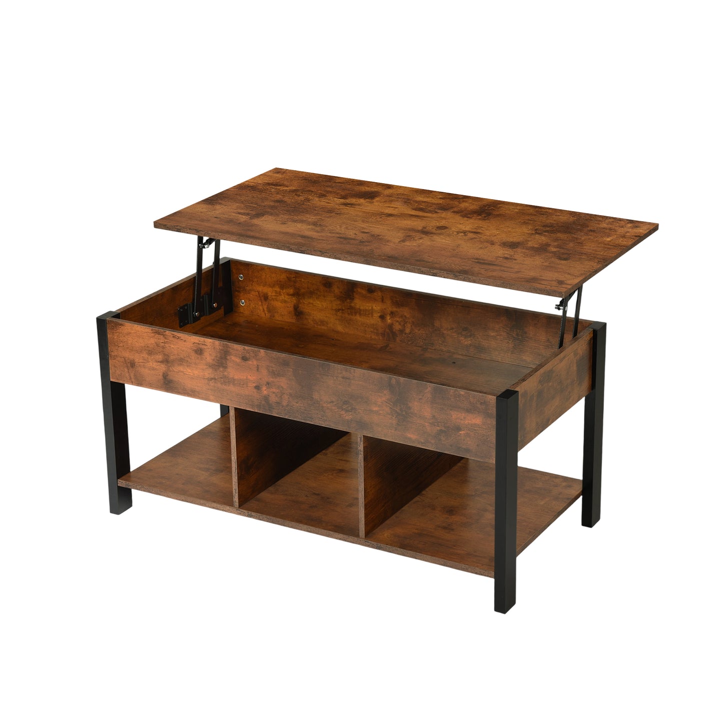 Table Basse, Table de Salon avec Plateau Relevable, avec Rangement Ouvert et Compartiment Caché, Barres en Forme de X, 48 x 100 x (46-60) cm, Marron Rustique et Noir