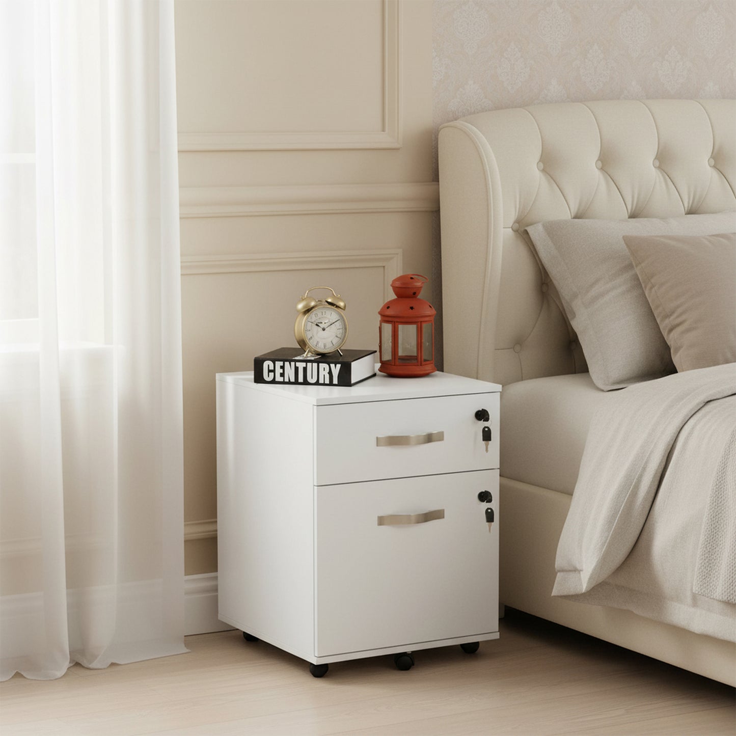 Caisson à roulettes verrouillable avec 2 tiroirs, 5 roulettes et barres de suspension réglables pour dossiers A4 et lettres