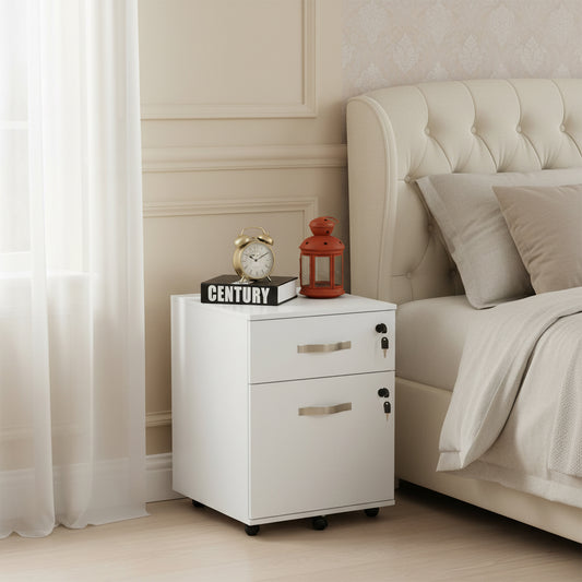 Caisson à roulettes verrouillable avec 2 tiroirs, 5 roulettes et barres de suspension réglables pour dossiers A4 et lettres