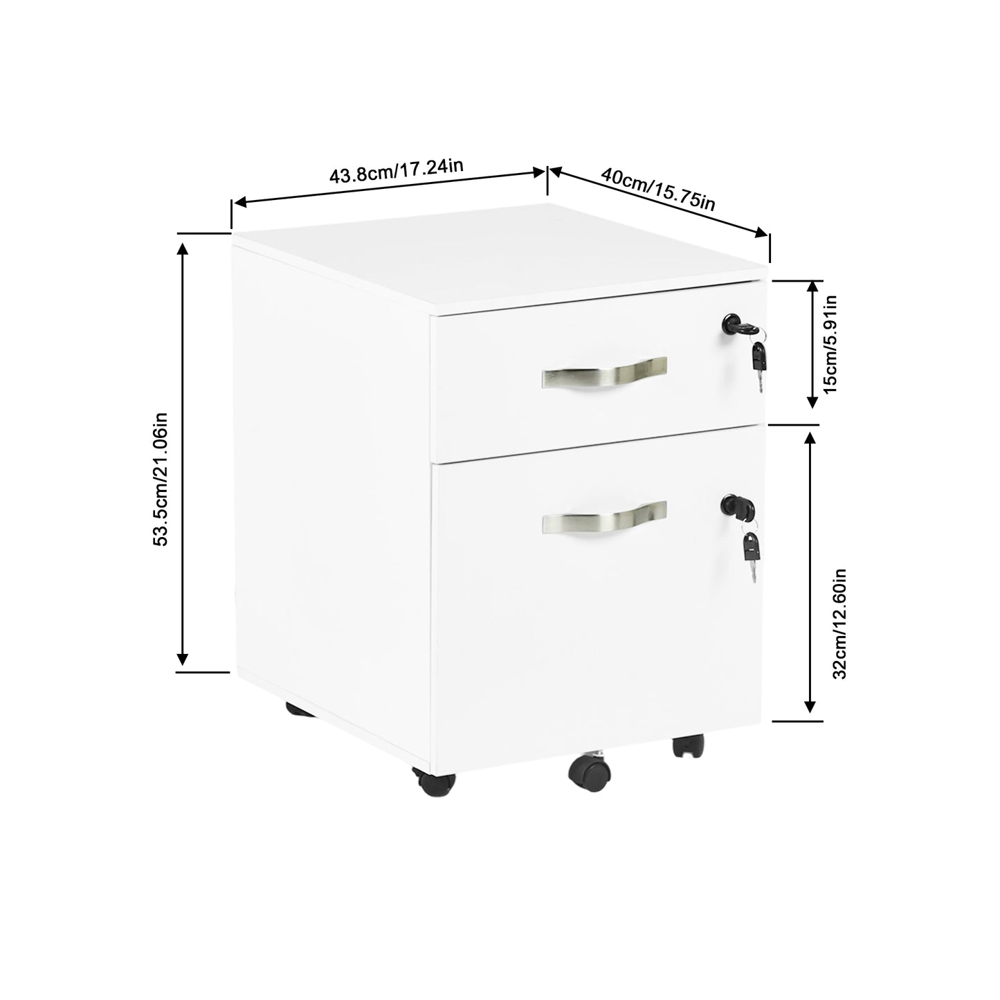 Caisson à roulettes verrouillable avec 2 tiroirs, 5 roulettes et barres de suspension réglables pour dossiers A4 et lettres