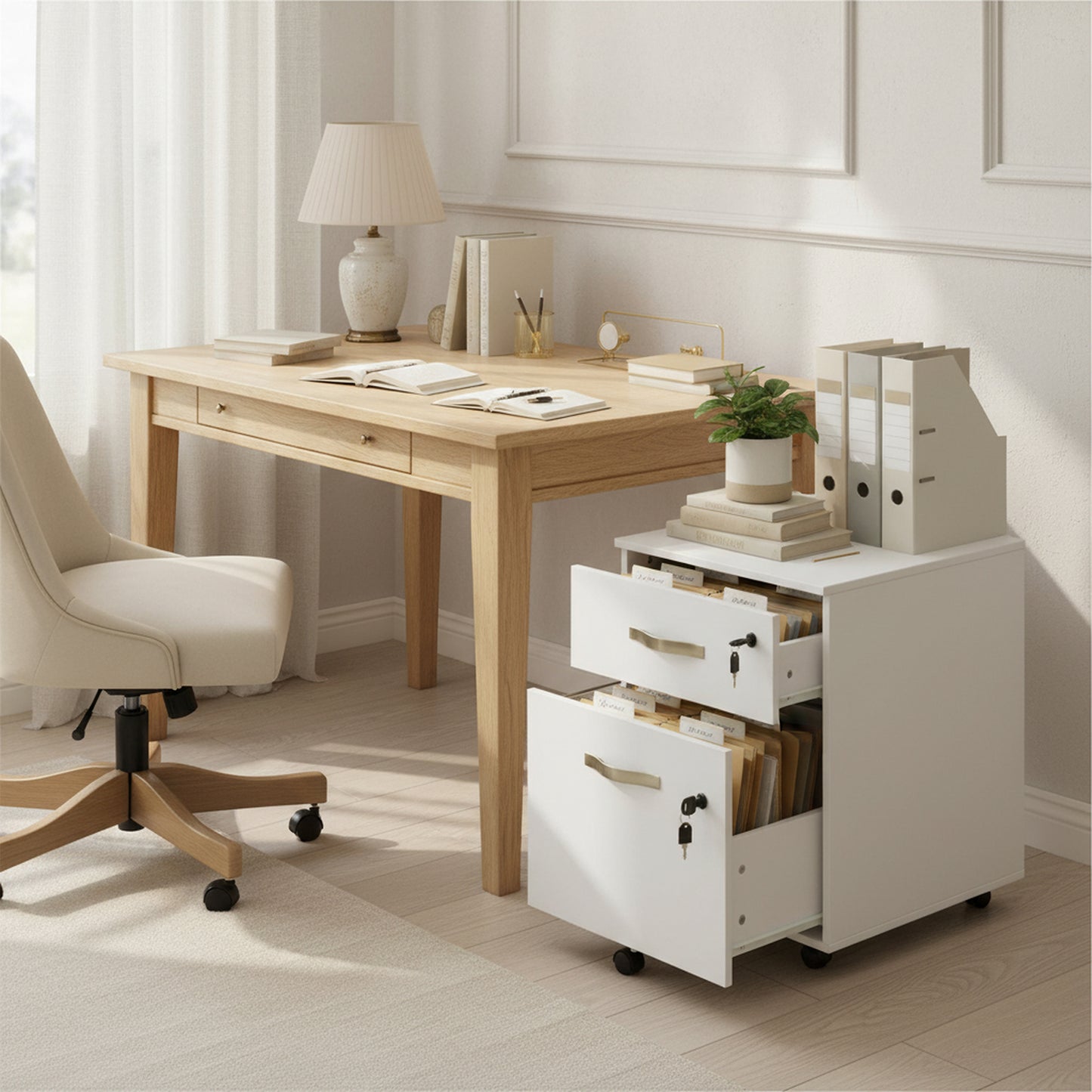 Caisson à roulettes verrouillable avec 2 tiroirs, 5 roulettes et barres de suspension réglables pour dossiers A4 et lettres