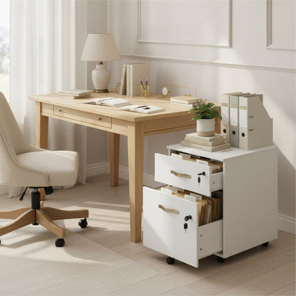 Caisson à roulettes verrouillable avec 2 tiroirs, 5 roulettes et barres de suspension réglables pour dossiers A4 et lettres