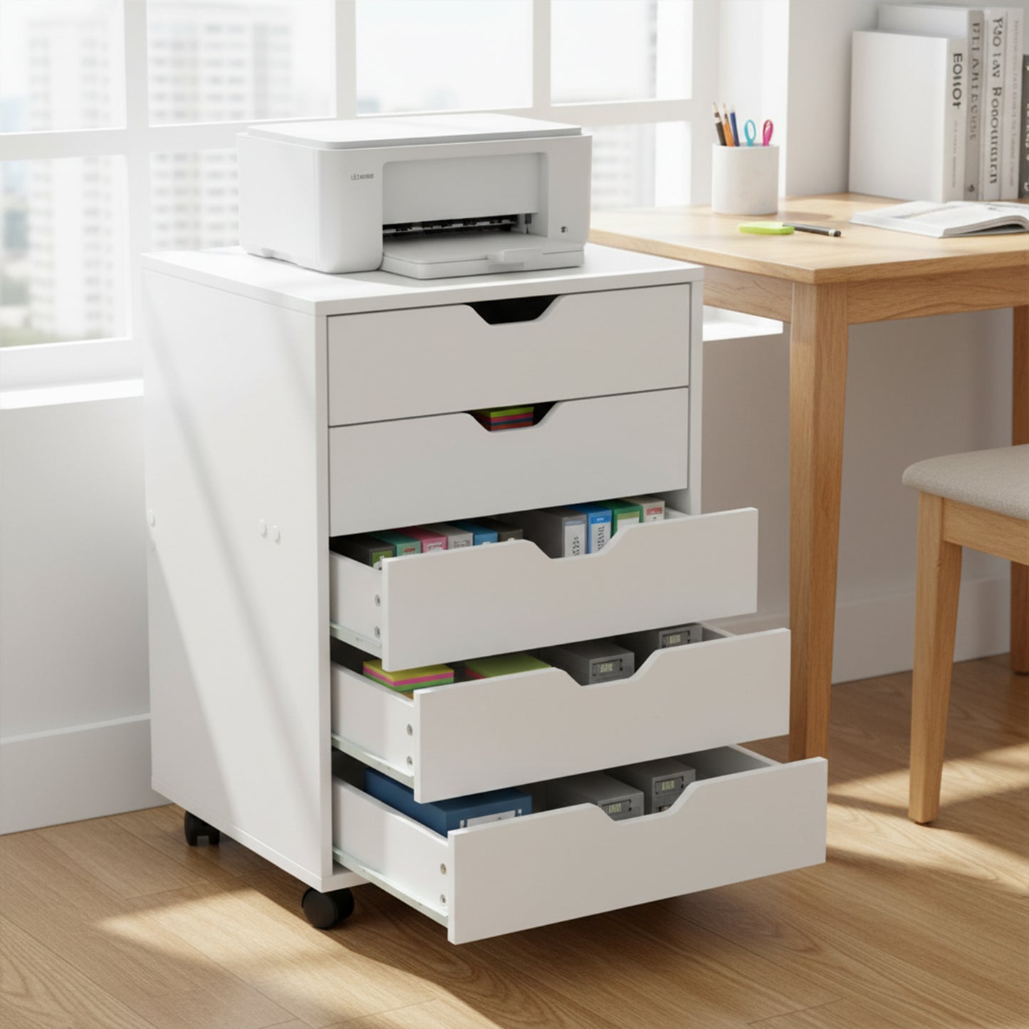 Armoire à tiroirs à roulettes avec 5 tiroirs, meuble de classement mobile blanc, parfait sous un bureau pour la maison ou le bureau