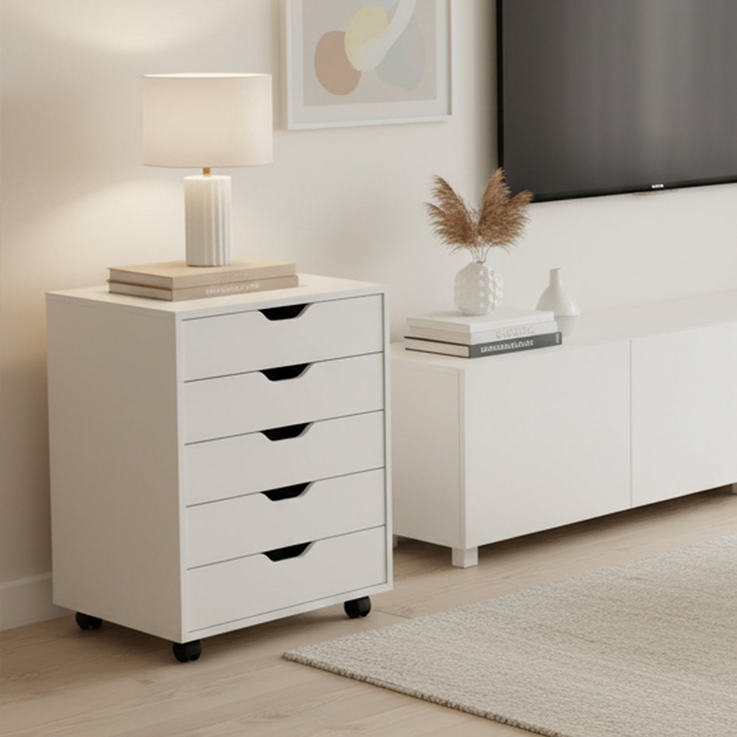 Armoire à tiroirs à roulettes avec 5 tiroirs, meuble de classement mobile blanc, parfait sous un bureau pour la maison ou le bureau