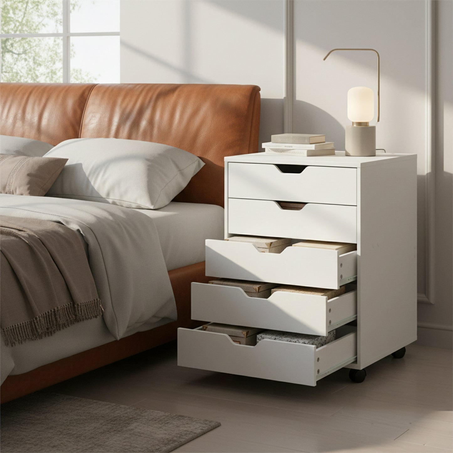 Armoire à tiroirs à roulettes avec 5 tiroirs, meuble de classement mobile blanc, parfait sous un bureau pour la maison ou le bureau