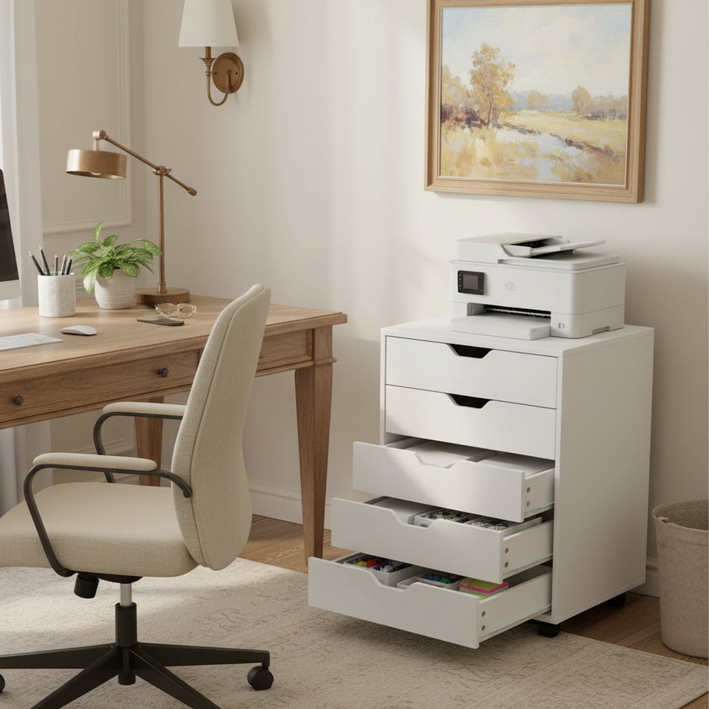 Armoire à tiroirs à roulettes avec 5 tiroirs, meuble de classement mobile blanc, parfait sous un bureau pour la maison ou le bureau