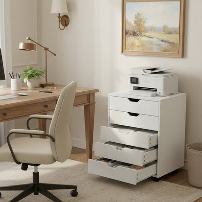 Armoire à tiroirs à roulettes avec 5 tiroirs, meuble de classement mobile blanc, parfait sous un bureau pour la maison ou le bureau