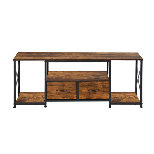 Meuble TV bas de style industriel 2 tiroirs avec étagères et armoires de rangement pour salon, chambre à coucher,140*40*55cm--Marron