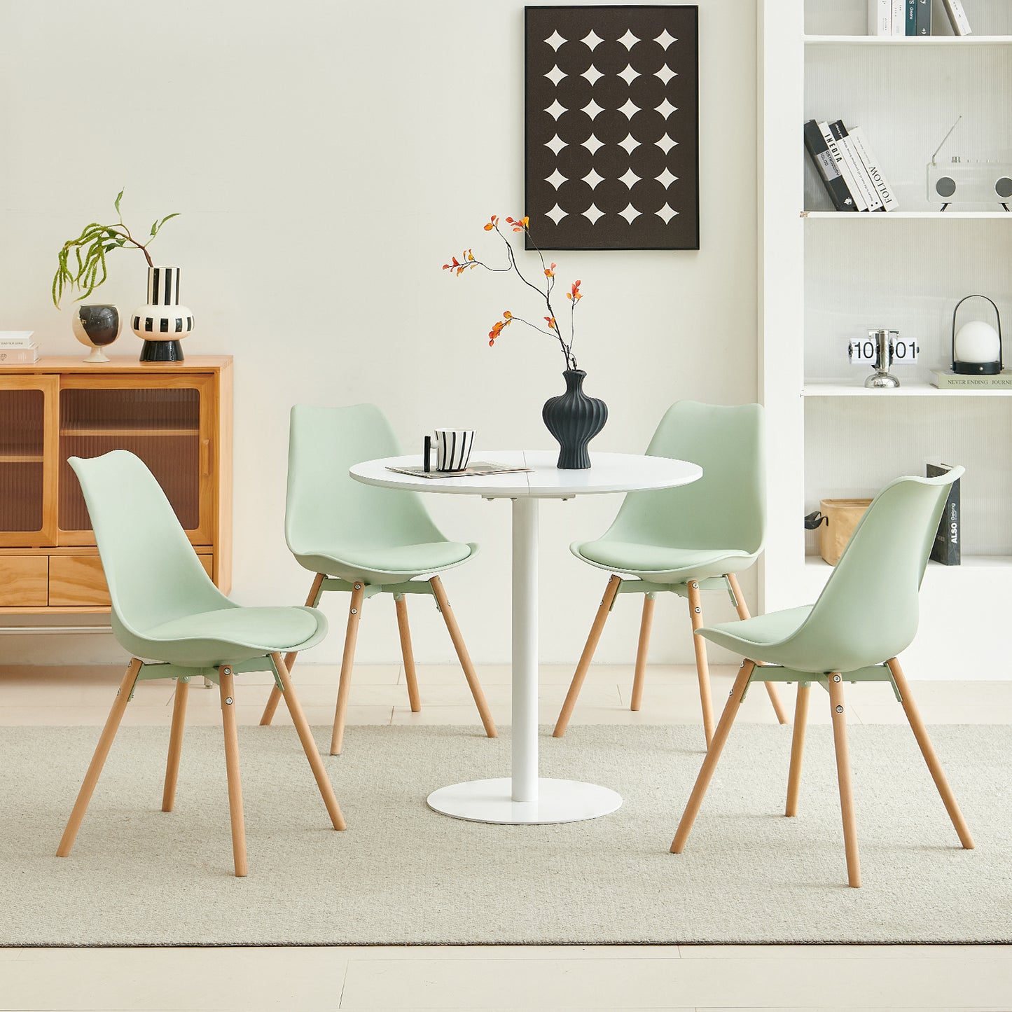 Lot de 4 chaises de salle à manger rembourrées avec bois massif Assise Dossier pour salle à manger, salon, chambre à coucher, salle de conférence, vert crème glacée