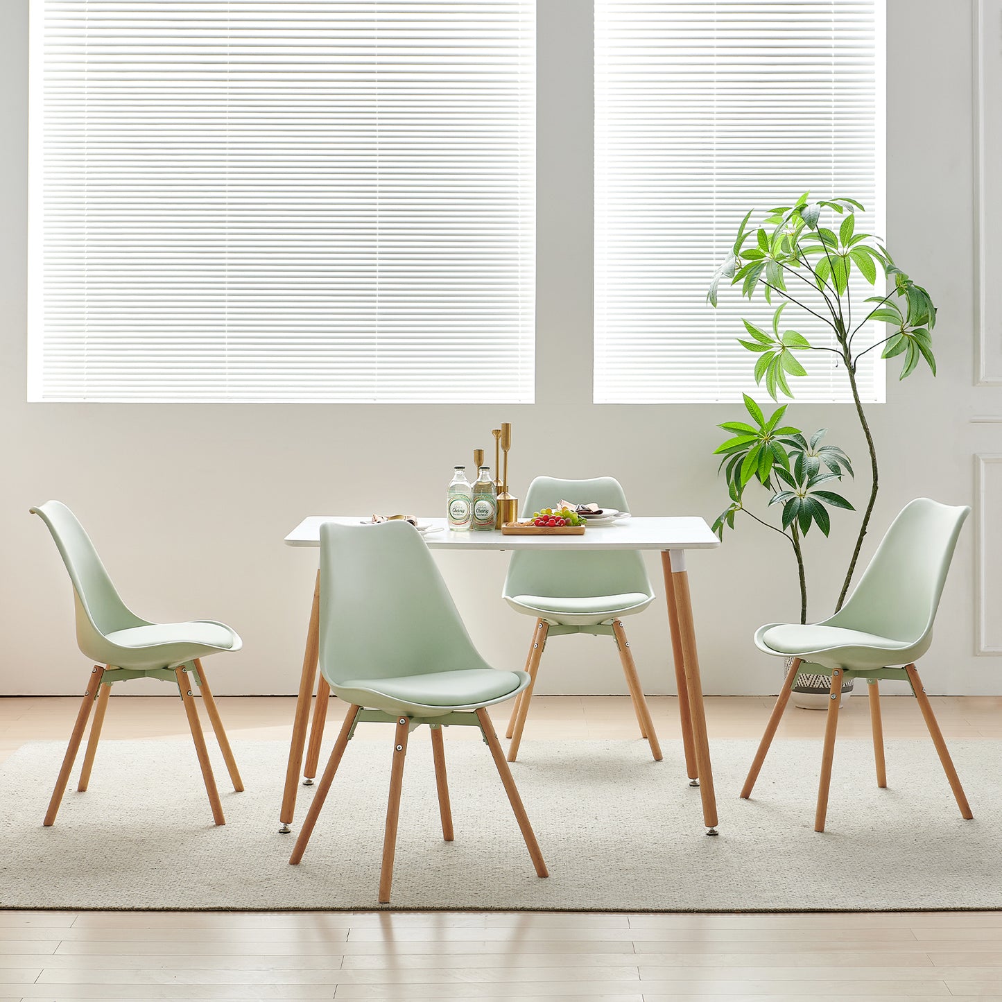 Lot de 4 chaises de salle à manger rembourrées avec bois massif Assise Dossier pour salle à manger, salon, chambre à coucher, salle de conférence, vert crème glacée