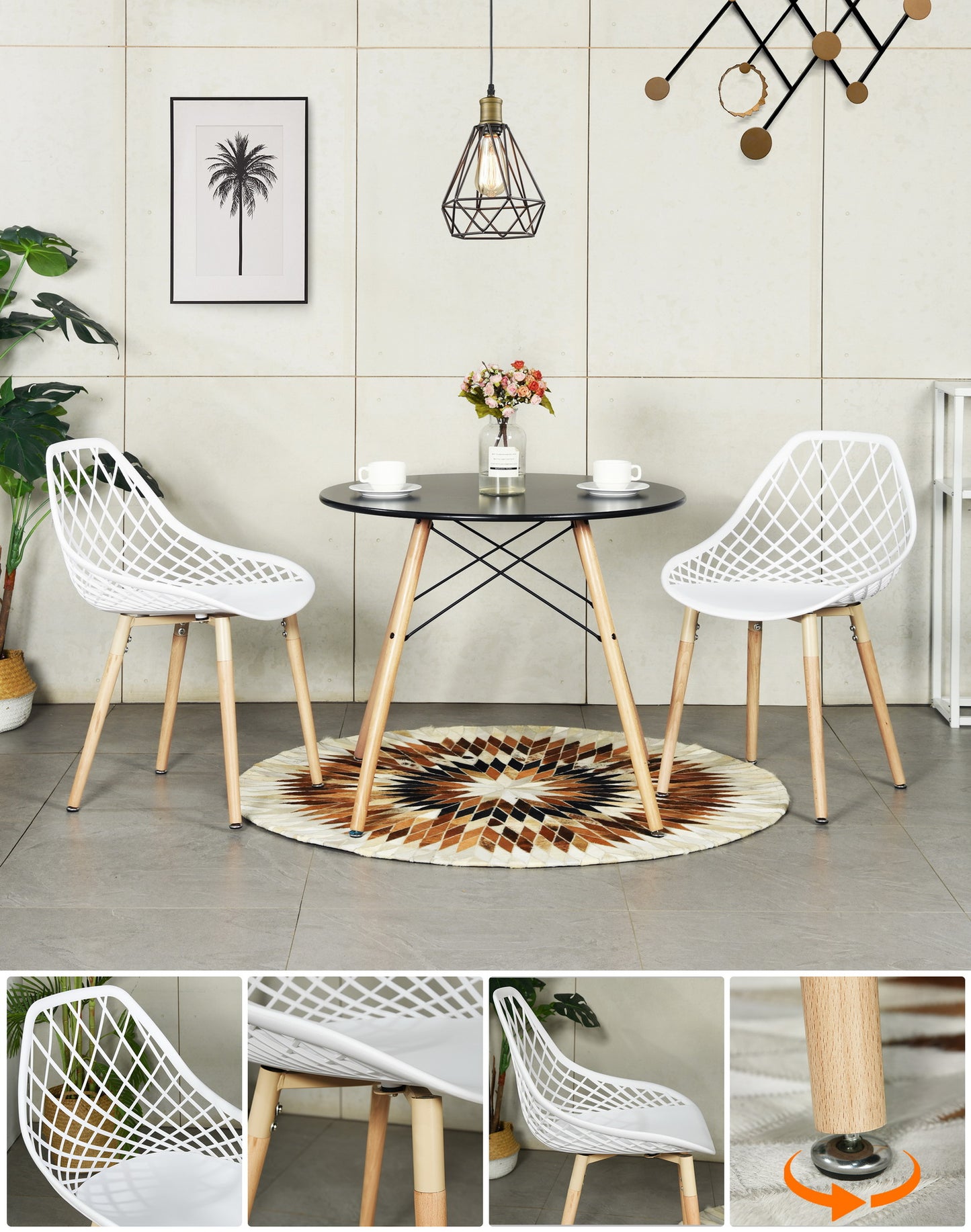 Lot de 2 chaises de salle à manger en plastique blanc avec un design ajouré, pieds en bois, style scandinave.