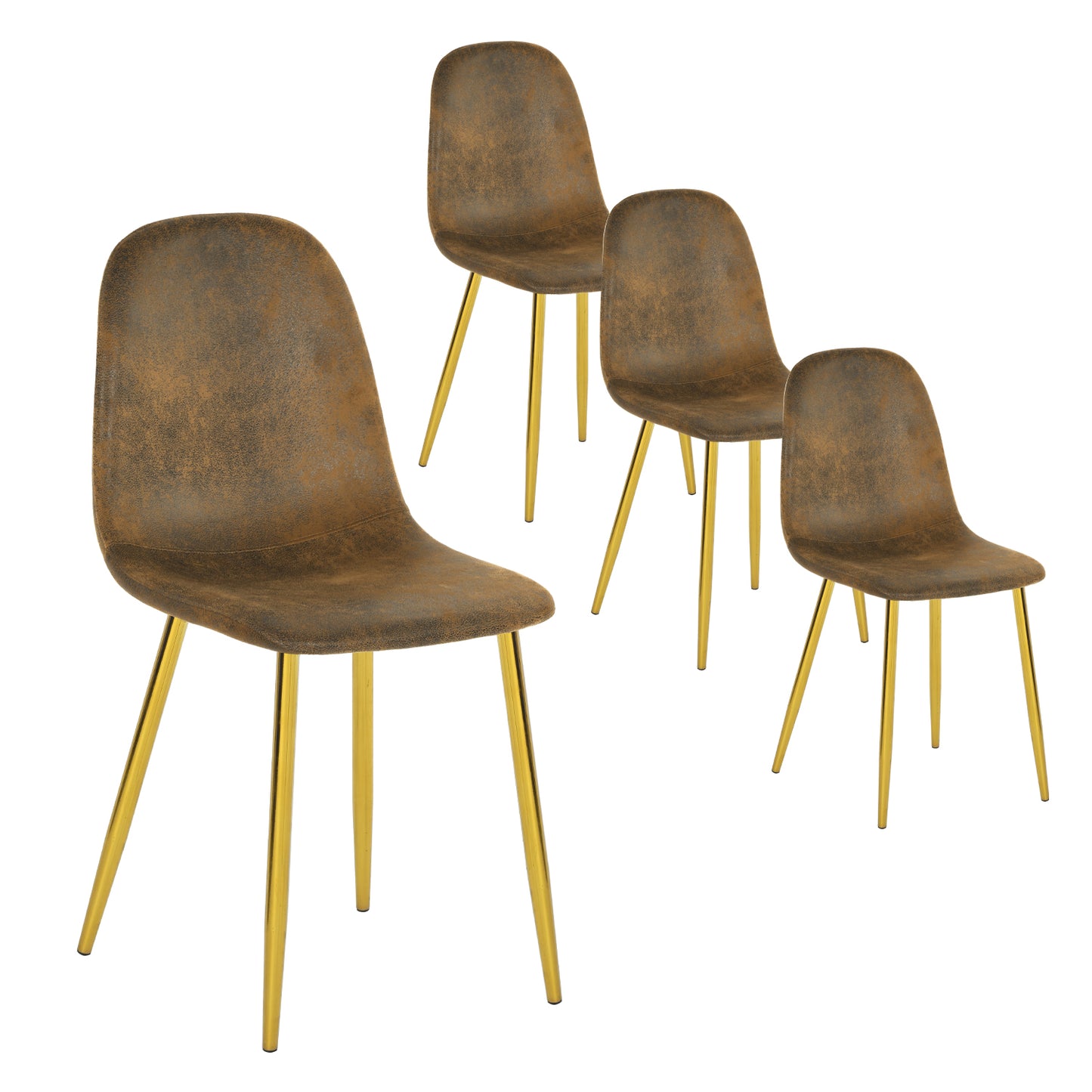 Lot de 4 chaises de salle à manger en daim marron avec pieds en métal doré