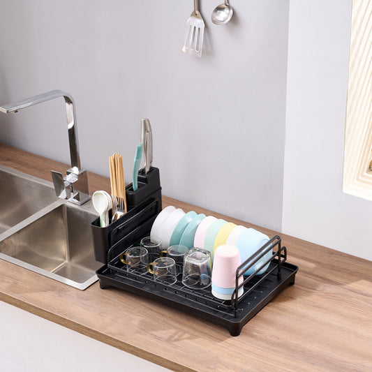 Égoutoire Vaisselle Cuisine avec Plaque de Drainage, Accessoire Facile à Nettoyer, Séchoir à Vaisselle Rangement - Noir