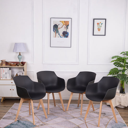 Lot de 4 Chaises Salle à Manger Fauteuils Scandinave de Cuisine avec Pieds en Bois de Hêtre Massif Noir