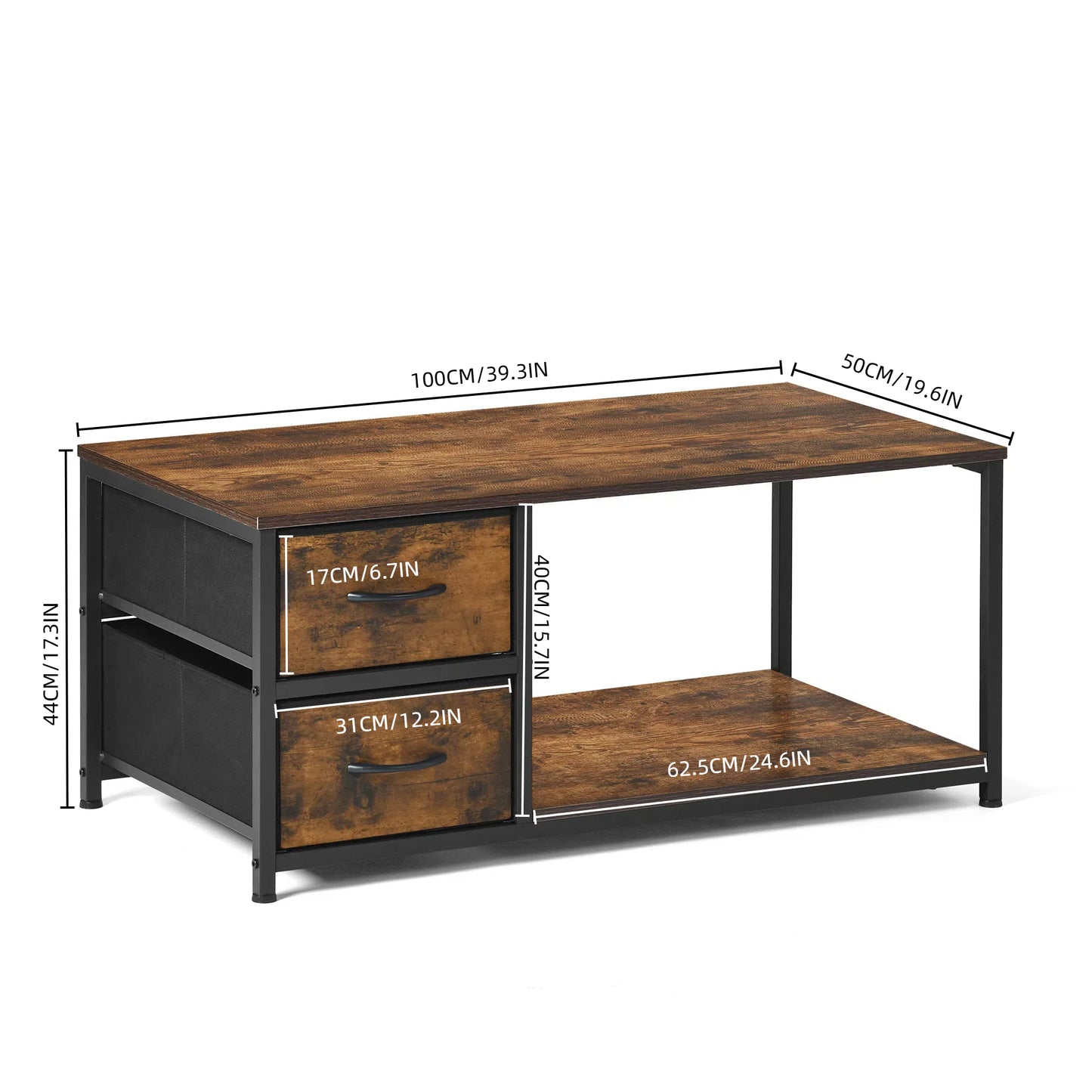 Table de Chevet avec 2 Tiroirs en Tissu, Table D'appoint, Table Basse de Salon, Petit Meuble de Rangement Style Industriel, 100 x 50 x 44cm---Marron