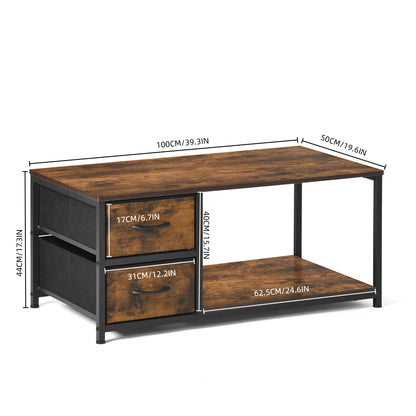 Table de Chevet avec 2 Tiroirs en Tissu, Table D'appoint, Table Basse de Salon, Petit Meuble de Rangement Style Industriel, 100 x 50 x 44cm---Marron