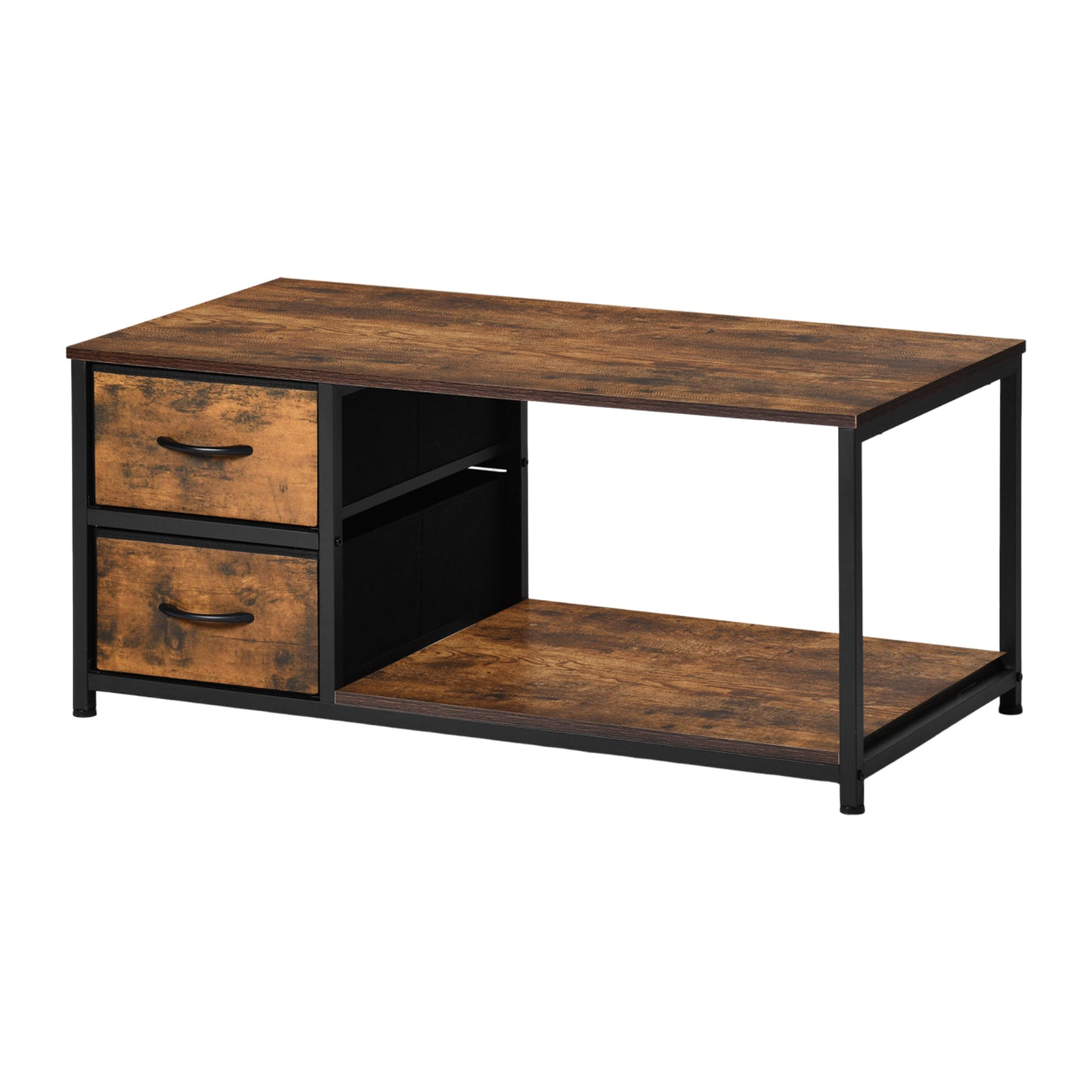 Table de Chevet avec 2 Tiroirs en Tissu, Table D'appoint, Table Basse de Salon, Petit Meuble de Rangement Style Industriel, 100 x 50 x 44cm---Marron