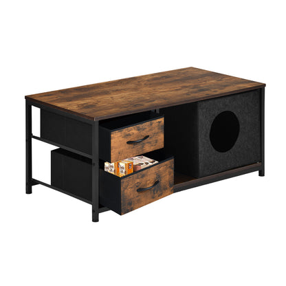 Table de Chevet avec 2 Tiroirs en Tissu, Table D'appoint, Table Basse de Salon, Petit Meuble de Rangement Style Industriel, 100 x 50 x 44cm---Marron