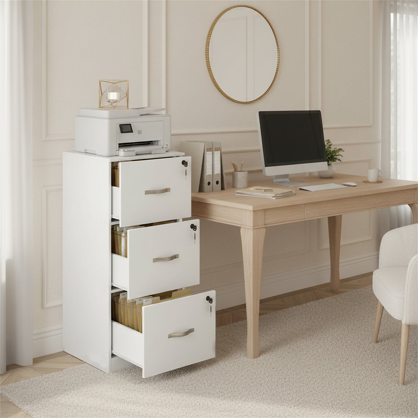 Caisson à roulettes verrouillable avec 3 tiroirs, barres de suspension réglables pour dossiers suspendus au format A4 et lettre