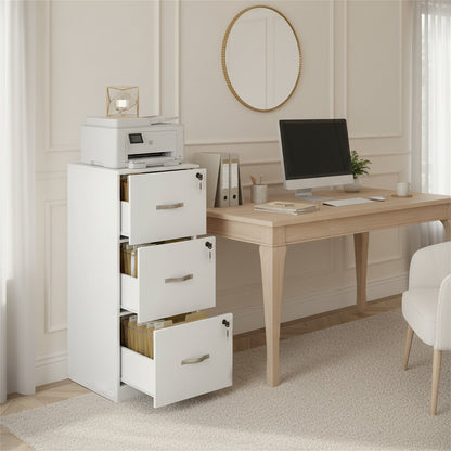 Caisson à roulettes verrouillable avec 3 tiroirs, barres de suspension réglables pour dossiers suspendus au format A4 et lettre