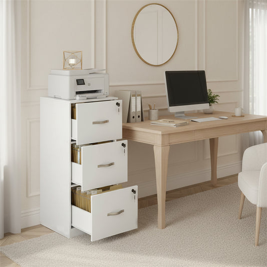 Caisson à roulettes verrouillable avec 3 tiroirs, barres de suspension réglables pour dossiers suspendus au format A4 et lettre