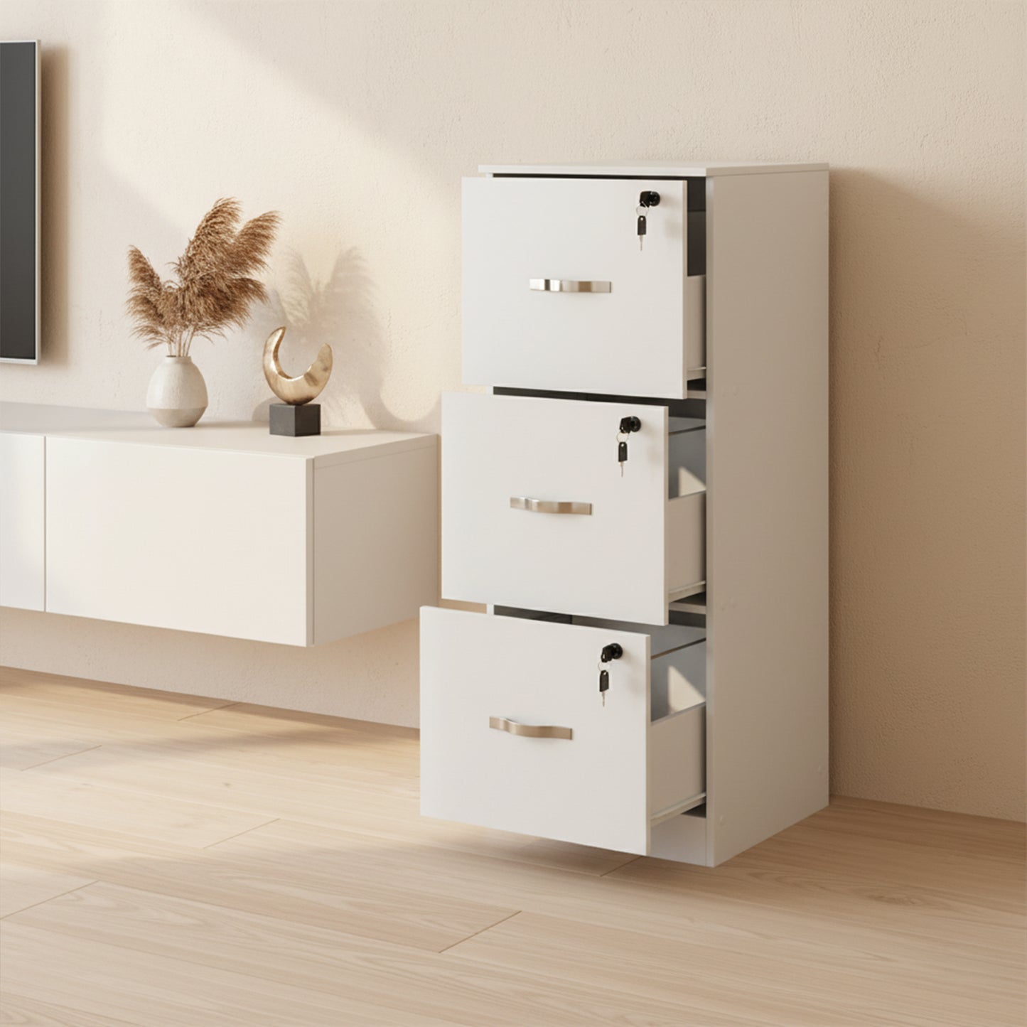 Caisson à roulettes verrouillable avec 3 tiroirs, barres de suspension réglables pour dossiers suspendus au format A4 et lettre