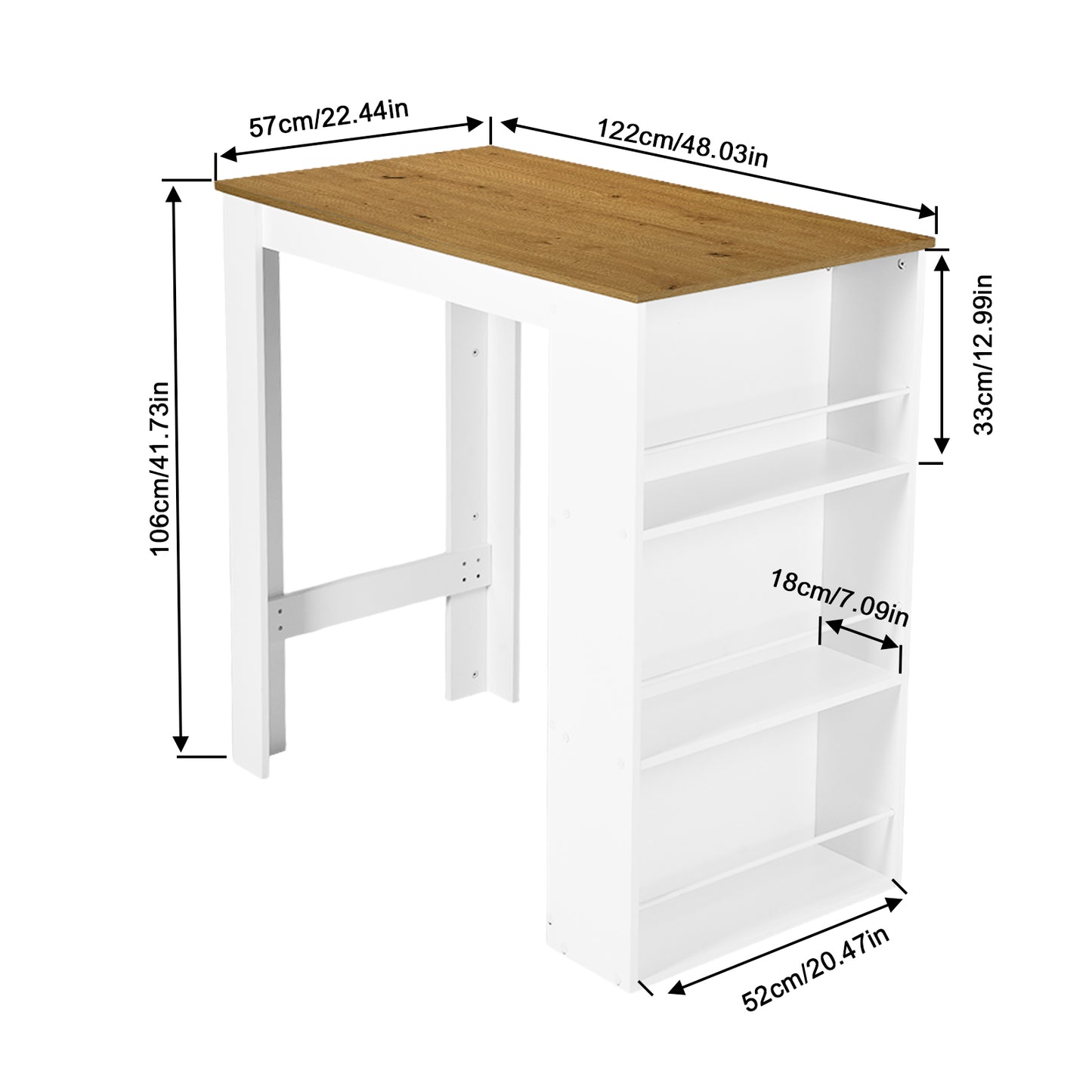 Table de Bar avec Rangement, Table de Bar pour Cuisine,112 × 57 × 106 cm, Blanc et chêne Clair