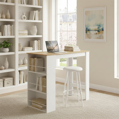 Table de Bar avec Rangement, Table de Bar pour Cuisine,112 × 57 × 106 cm, Blanc et chêne Clair