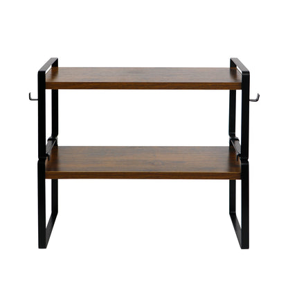 Étagère à 2 niveaux avec 8 crochets en fer – Organiseur de rangement polyvalent et robuste pour cuisine - Marron