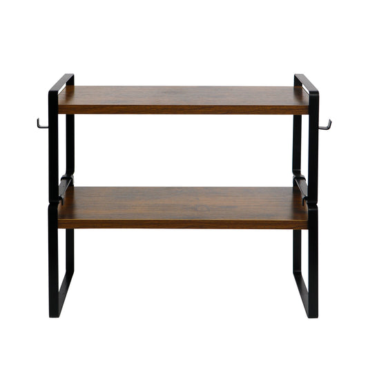 Étagère à 2 niveaux avec 8 crochets en fer – Organiseur de rangement polyvalent et robuste pour cuisine - Marron