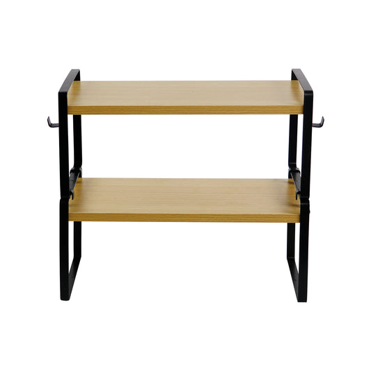 Étagère à 2 niveaux avec 8 crochets en fer – Organiseur de rangement polyvalent et robuste pour cuisine - Couleur bois