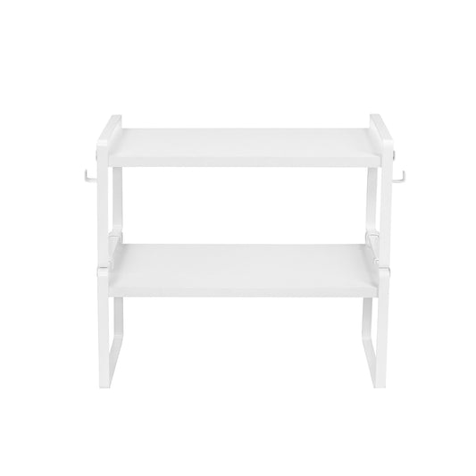 Étagère à 2 niveaux avec 8 crochets en fer – Organiseur de rangement polyvalent et robuste pour cuisine, Blanc