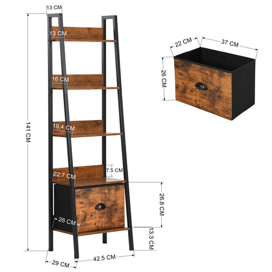 Étagère échelle sur Pied Rangement bibliothèque, 4 niveaux, 1 tiroir, 42.5 x 29 x 141 cm, marronde 1 tiroirs, 42.5 x 29 x 141 cm--Marron