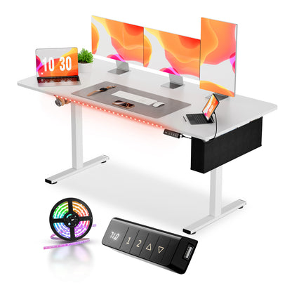 Bureau Reglable en Hauteur Electrique, Bureau Assis Debout Électrique, Bureau Debout avec Bande Lumineuse, Sac en Tissu et USB, 160 X 75 CM, Blanc