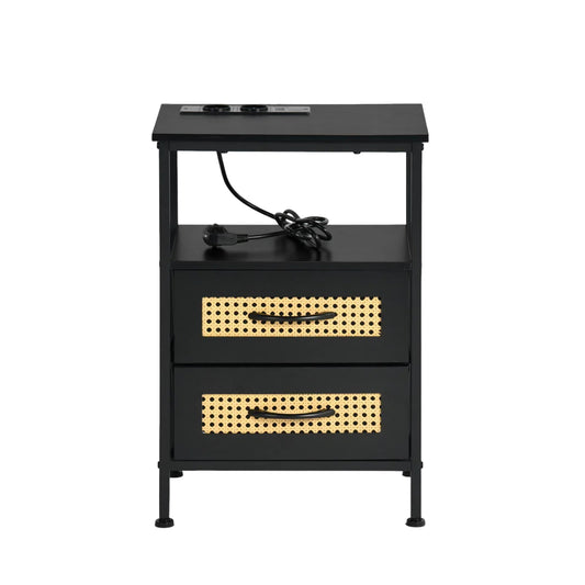 Table de chevet avec 2 tiroirs en tissu, meuble d'appoint avec 2 prises de courant et 2 USB, 40 x 30 x 60 cm, noir