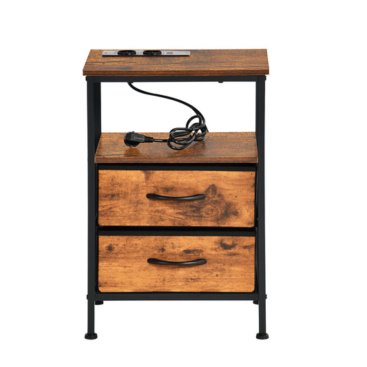 Table de chevet avec 2 tiroirs en tissu, meuble d'appoint avec 2 prises de courant et 2 USB, 40 x 30 x 60 cm, marron
