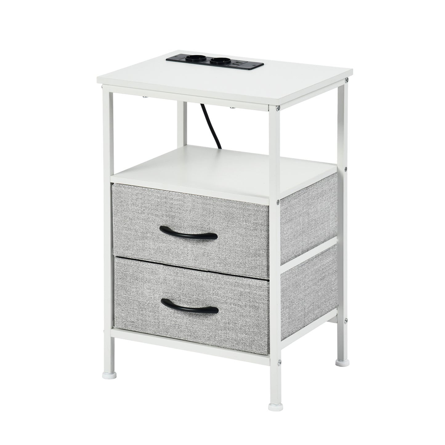 Table de Chevet avec 2 Tiroirs Tissus Table d'appoint Petit Meuble de Rangement, Avec 2 prise de courant et 2 prises USB, 40 x 30 x 60 cm--Blanc