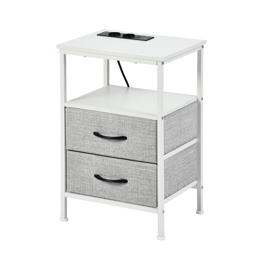 Table de chevet 2 tiroirs en tissu, avec 2 prises de courant et 2 USB, 40 x 30 x 60 cm, blanc