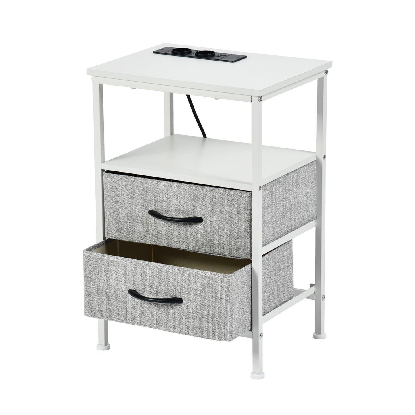 Table de Chevet avec 2 Tiroirs Tissus Table d'appoint Petit Meuble de Rangement, Avec 2 prise de courant et 2 prises USB, 40 x 30 x 60 cm--Blanc